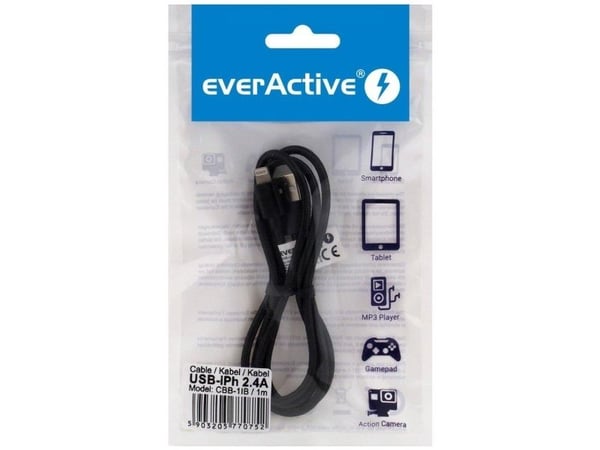 everActive USB Lightning -kaapeli 1m - musta, punottu, pikalataustuki, 2,4A - CBB-1IB - CBB-1IB
