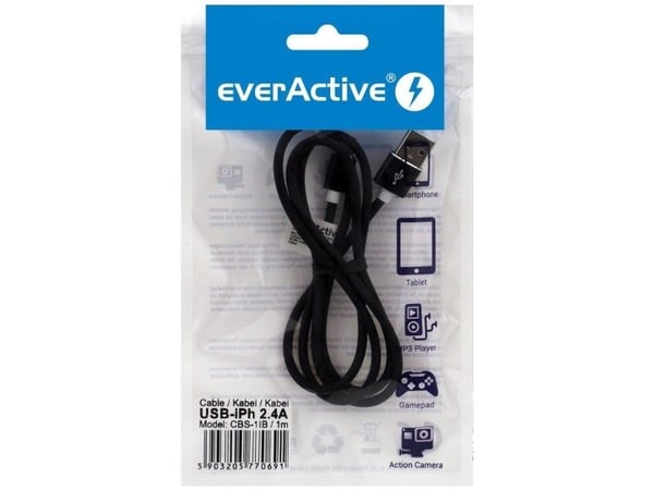 everActive USB Lightning -kaapeli 1m - musta, silikoni, pikalataustuki, 2,4A - CBS-1IB