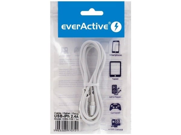everActive USB Lightning-kabel 1m - vit, silikon, stöder snabbladdning, 2,4A - CBS-1IW