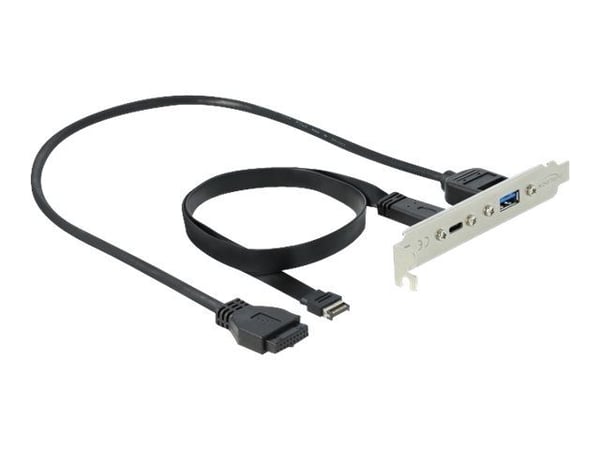DeLOCK-sporbrakett - USB-konsoll - 19-pinners USB3.0-hode, 20-pinners USB 3.1-hode til USB Type A, USB-C (W) - 5 / 20 V - 50 cm - svart (89934)