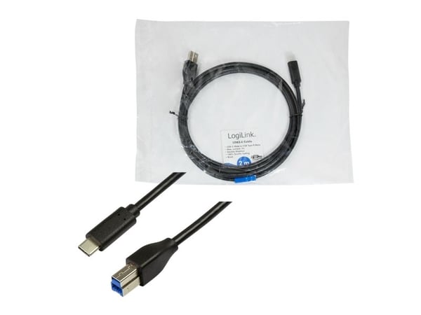 LogiLink CU0163, 2 m, USB C, USB B, USB 3.2 Gen 1 (3.1 Gen 1), 5 Gbit/s, Sort