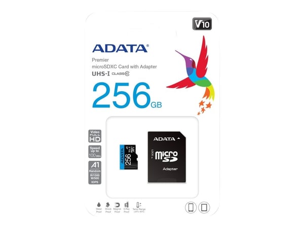 ADATA Premier - Flashminnekort (microSDXC til SD-adapter inkludert) - 256 GB - Video Class V10 / UHS-I U1 / Class10 - microSDXC UHS-I