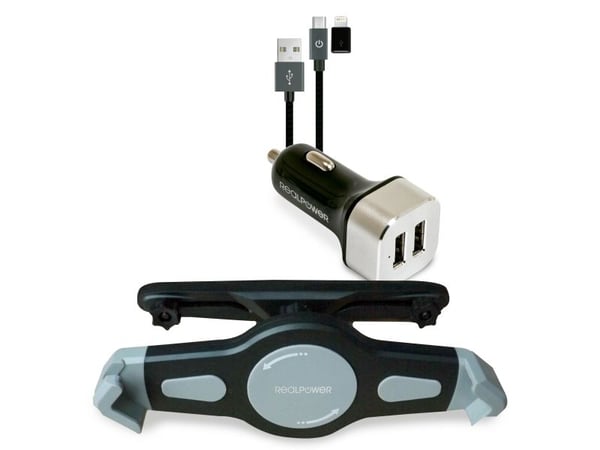 RealPower Tablet Car Set Zubehoer-Set fuer Tablets, Plate / UMPC, Aktiv holder, Bil, Sort, Sølv