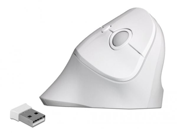 Delock Ergonomic - Vertikal mus - ergonomisk - høyrehendt - optisk - 6 knapper - trådløs - 2.4 GHz - USB trådløs mottaker - hvit - løsvekt