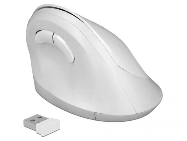 Delock Ergonomic - Vertikal mus - ergonomisk - høyrehendt - optisk - 6 knapper - trådløs - 2.4 GHz - USB trådløs mottaker - hvit - løsvekt