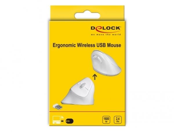 Delock Ergonomic - Vertikal mus - ergonomisk - høyrehendt - optisk - 6 knapper - trådløs - 2.4 GHz - USB trådløs mottaker - hvit - løsvekt