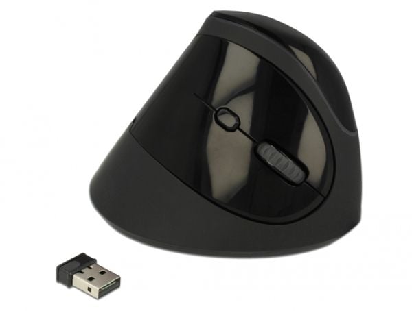 Delock Ergonomic - Vertikal mus - ergonomisk - høyrehendt - optisk - 6 knapper - trådløs - 2.4 GHz - USB trådløs mottaker - svart - løsvekt