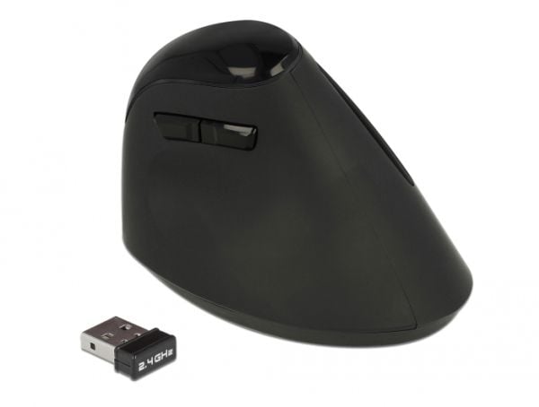 Delock Ergonomic - Vertikal mus - ergonomisk - høyrehendt - optisk - 6 knapper - trådløs - 2.4 GHz - USB trådløs mottaker - svart - løsvekt