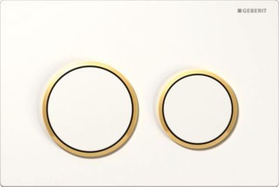 Geberit Omega20 betjeningsplade til dobbeltskyl, round: Plade og knapper: hvid, Designringe: forgyldt Geberit Omega20 betjeningsplade til dobbeltskyl, round: Plade og knapper: hvid, Designringe: forgyldt