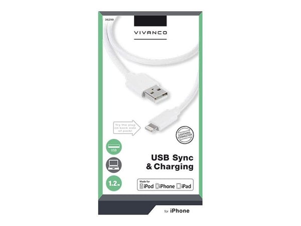 Vivanco LIGHTNVVUSBCABLE12, 1,2 m, Lightning, USB A, Valkoinen, iPhone 5/5s, iPhone 6/6s Plus, iPad Air, iPad mini, 200 mm