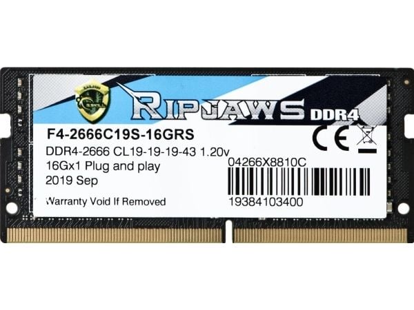 G.Skill Ripjaws - DDR4 - modul - 16 GB - SO DIMM 260-pin - 2666 MT/s / PC4-21300 - CL19 - 1.2 V - ikke-bufret - ikke-ECC