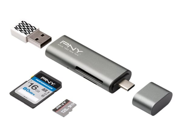 PNY - Kortinlukija - 3-in-1 (SD, microSD, SDHC, microSDHC, SDXC, microSDXC) - USB-C PNY - Kortinlukija - 3-in-1 (SD, microSD, SDHC, microSDHC, SDXC, microSDXC) - USB-C