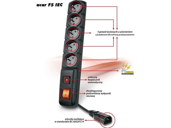 acar F5 IEC - Överspänningsskydd - AC 230 V - 2300 Watt - utgångskontakter: 5 - 1.5 m sladd - svart