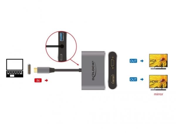 Delock - Ekstern videoadapter - USB-C - HDMI, VGA - grå - detailsalg