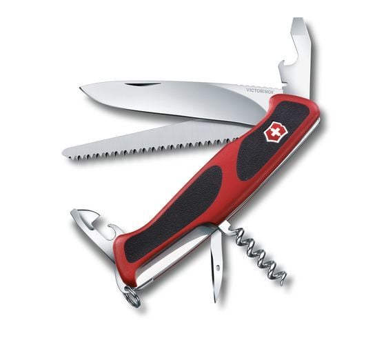 Victorinox Ranger Grip 55, Fällkniv med låsblad, Kniv med flera verktyg, Svart, Metallisk, Röd, 12 verktyg, 13 cm, 22,5 mm