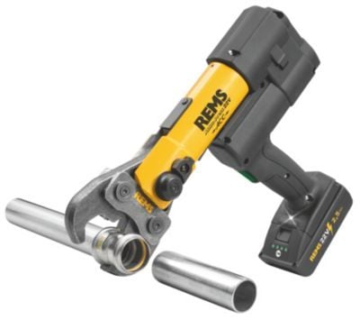 REMS Akku-Press 22 V ACC Sähköhydraulinen johdoton radiaalipuristin, jossa on automaattinen palautus. Toimitetaan 1 akun ja laturin kanssa REMS Akku-Press 22 V ACC Sähköhydraulinen johdoton radiaalipuristin, jossa on automaattinen palautus. Toimitetaan 1 akun ja laturin kanssa