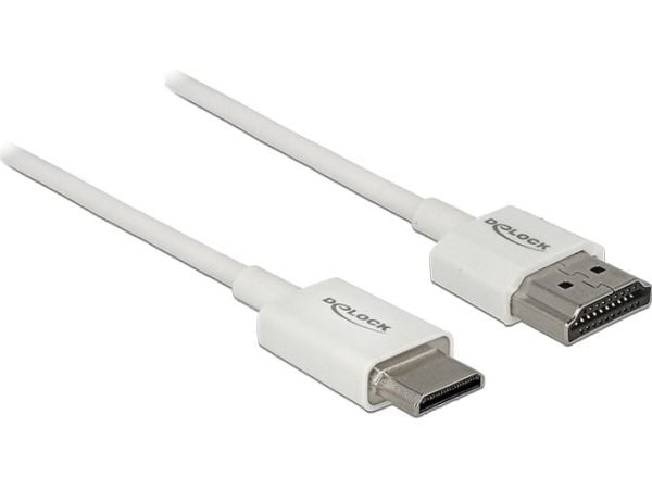 Delock Slim High Quality - HDMI-kabel med Ethernet - 19 pin mini HDMI Type C hann til HDMI hann - 1 m - tredobbeltskjermet snodd ledningspar - hvit...