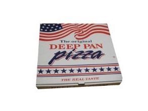 Pizzaæske 26x26x4.5 cm Hvid med tryk Deep Pan Pizza,100 stk/krt