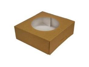 Kageæske hængslet låg høj L230xB230xH80mm pap/plast med rund rude brun/hvid,100 stk/krt Kageæske hængslet låg høj L230xB230xH80mm pap/plast med rund rude brun/hvid,100 stk/krt