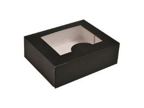 Kageæske, Design 2153,125x125x50mm Pap, sort, Chocolate box with window pakke a 200 stk Fødevaregodk