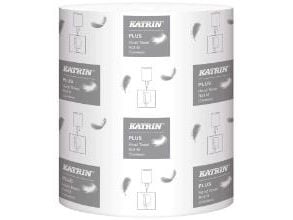 Handdukspapper Katrin Plus 1-lagers Ø19xB20,5cmxL280m o/perforering m/ hylsa Nyfiber vit, 6 rl/krt