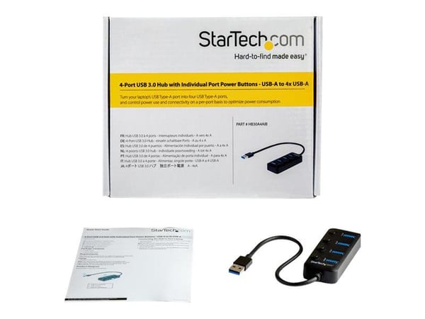StarTech.com HB30A4AIB, USB 3.2 Gen 1 (3.1 Gen 1) Type-A, USB 3.2 Gen 1 (3.1 Gen 1) Type-A, 5000 Mbit/s, Musta, Muovi, Teho
