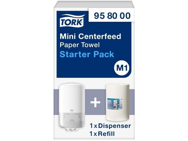 Håndklerull Tork M1 startpakke - med 1 dispenser + 1 minirull 1-lags hvit