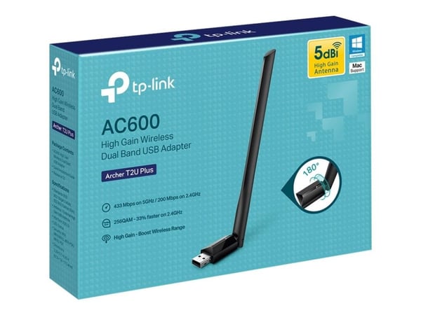 TP-Link Archer T2U Plus, Sisäinen, Langallinen, USB, WLAN, 600 Mbit/s, Musta