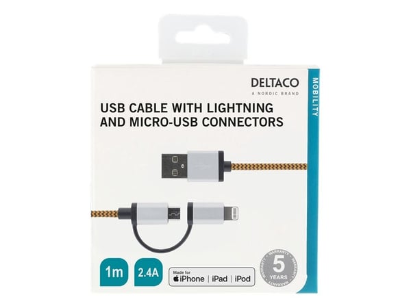 Deltaco IPLH-241, 1 m, USB A, 2 x Micro-USB B/Lightning, Uros, Uros, Oranssi