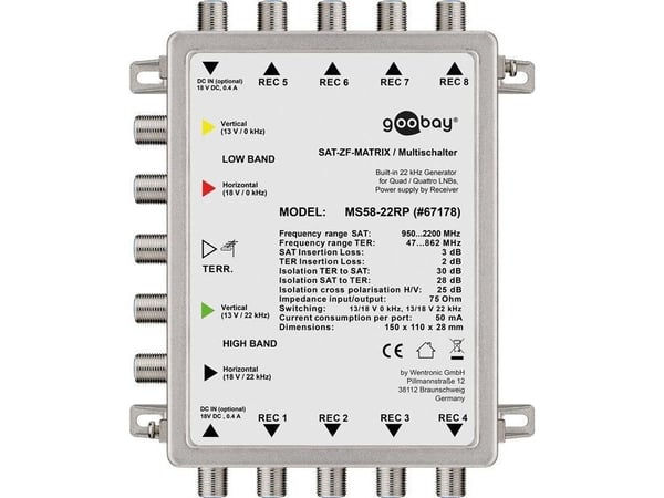 Goobay 67178, 5 ingångar, 8 utgångar, 3 dB, 2 dB, 75 O, 75 O