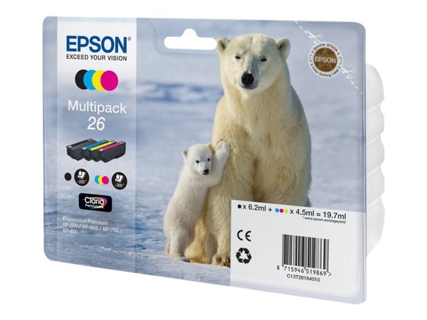 Epson Polar bear Monipakkaus, 4 väriä 26 Claria Premium -muste, musta, Syaani, Magenta, Keltainen, Väriainepohjainen muste, Väripohjainen muste, 6,...