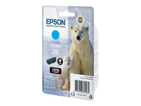Epson Polar bear Yksittäispakkaus, syaani 26 Claria Premium -muste, Perusvärintuotto, 4,5 ml, 300 sivua, 1 kpl