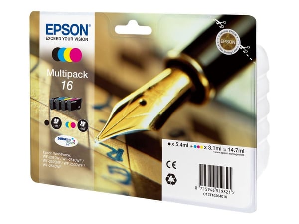 Epson 16 -monipakkaus – 4 kpl – musta, keltainen, syaani, magenta – alkuperäinen – mustekasetti – WorkForce WF-2010, 2510, 2520, 2530, 2540, 2630, ...
