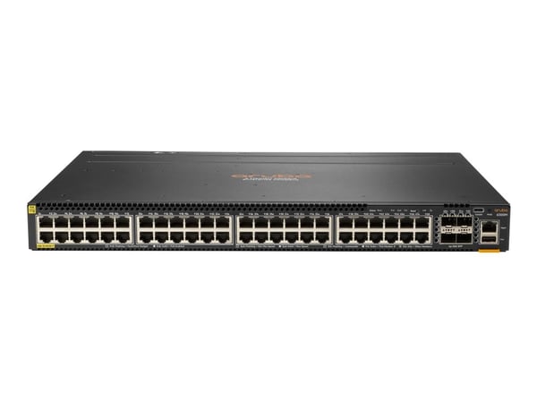 HPE Aruba 6300M - Switch - L3 - Administrerad - 48 x 10/100/1000 (PoE+) + 4 x 1 Gb/10 Gb/25 Gb/50 Gb SFP56 (upplänk/stapling) - framsidan och sida ...