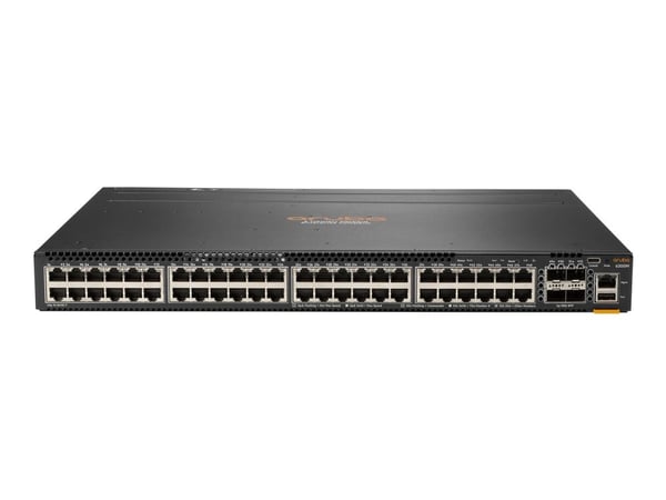 HPE Aruba 6300M - Switch - L3 - Administrerad - 48 x 10/100/1000 + 4 x 1 Gb/10 Gb/25 Gb/50 Gb SFP56 (upplänk/stapling) - framsidan och sida till ba...