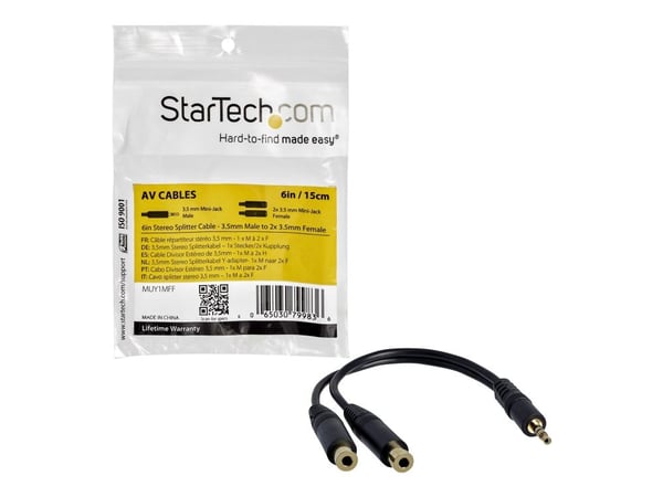 Startech 6 in. 3.5mm Audio Splitter Cable - Stereo Splitter Cable - Gold Terminals - 3.5mm Male to 2x 3.5mm Female - Headphone Splitter (MUY1MFF) -...