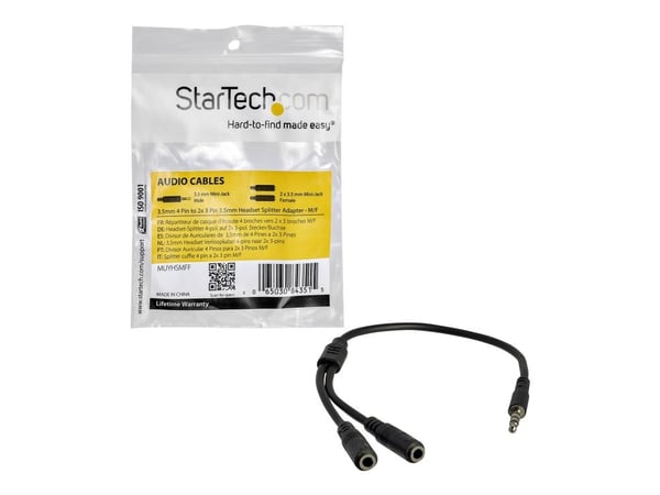 Startech 4 Position to 2x 3 Position 3.5mm Headset Splitter Adapter - Hodetelefonsplitter - 4-polsminijakk hann til minijakk hunn - 20 cm - svart -...