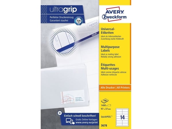 Avery Zweckform 3678, Vit, Rektangel, Permanent, papper, 97 mm, 37 mm