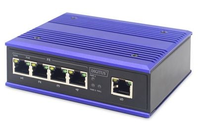 DIGITUS Industrial - Switch - ikke-styrt - 4 x 10/100 (PoE+) + 1 x 10/100 (opplink) - stasjonær, DIN-skinnemonterbar - PoE+