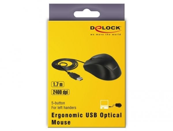 Delock - Mus - venstrehendt - optisk - 5 knapper - kablet - USB - svart - løsvekt