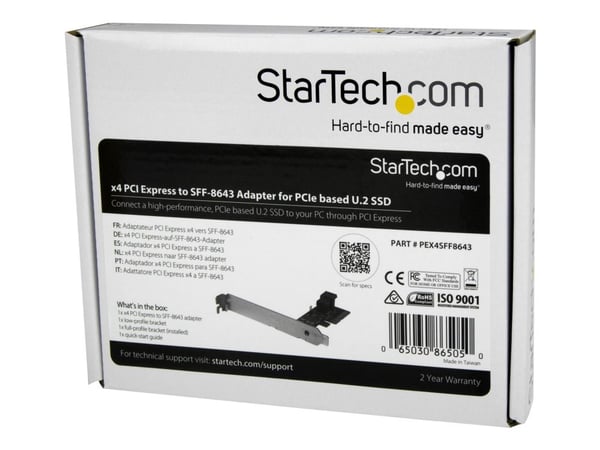 StarTech.com PEX4SFF8643, PCIe, U.2, Full-height / Low-profile, PCIe 3.0, Punainen, 5 - 50 °C