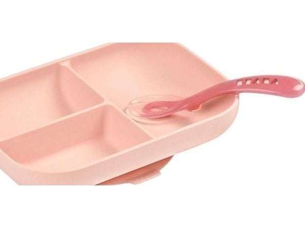 BEABA silikon-skål med sugefunksjon med 3 rom og skje, rosa