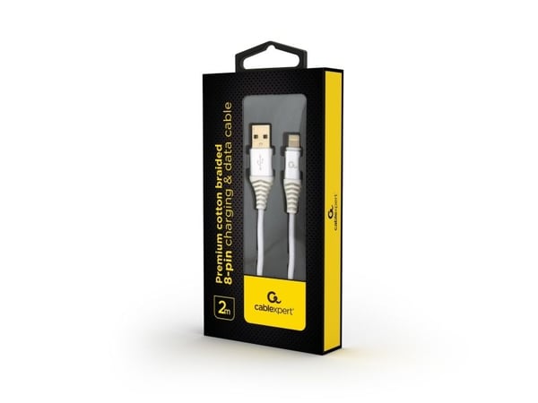 Gembird CC-USB2B-AMLM-2M-BW2, 2 m, Lightning, USB A, Uros, Uros, Hopea, Valkoinen