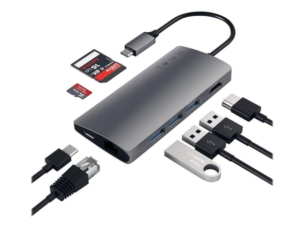 Satechi Multi-Port Adapter V2 Dock st., USB 3.2 Gen 1 (3.1 Gen 1) Type-C, Harmaa, MicroSD (TransFlash), SD, HDMI, RJ-45, USB 3.2 Gen 1 (3.1 Gen 1) ...