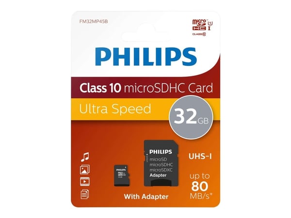 Philips FM32MP45B/00, 32 GB, MicroSDXC, Luokka 10, UHS-I, 80 MB/s, Class 1 (U1)