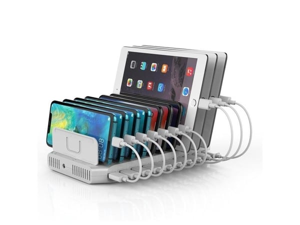 Unitek - Ladestativ + AC-strømadapter - 2.4 A - 10 utgangskontakter (USB)