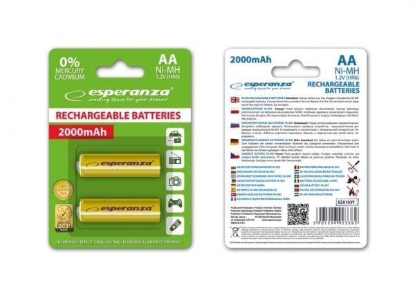 Esperanza - Paristot 2 x AA-tyyppi - NiMH - 2000 mAh - gul