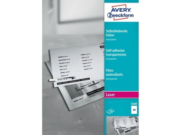 Avery 3480, Läpinäkyvä, Kiinteä, Polyesteri, 100 arkkia