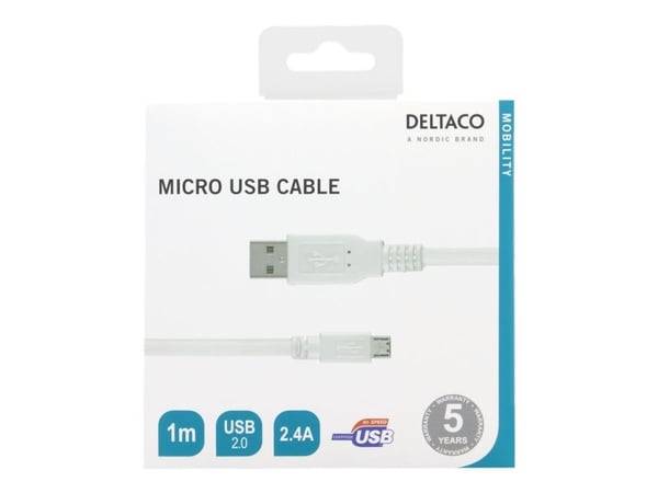 DELTACO MICRO-105 - USB-kabel - mikro-USB typ B (hane) till USB (hane) - USB 2.0 - 1 m - vit