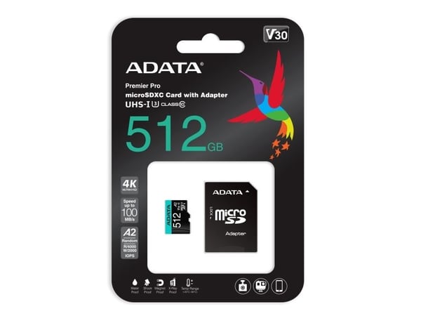 ADATA Premier Pro V30S - Flashminnekort (SD-adapter inkludert) - 512 GB - A2 / Video Class V30 / UHS-I U3 / Class10 - microSDXC UHS-I